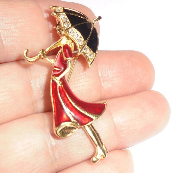 Vintage Brooch - Pendant Girl with Umbrella Enamel Pin Classic Feminine Elegance - Picture 1 of 5
